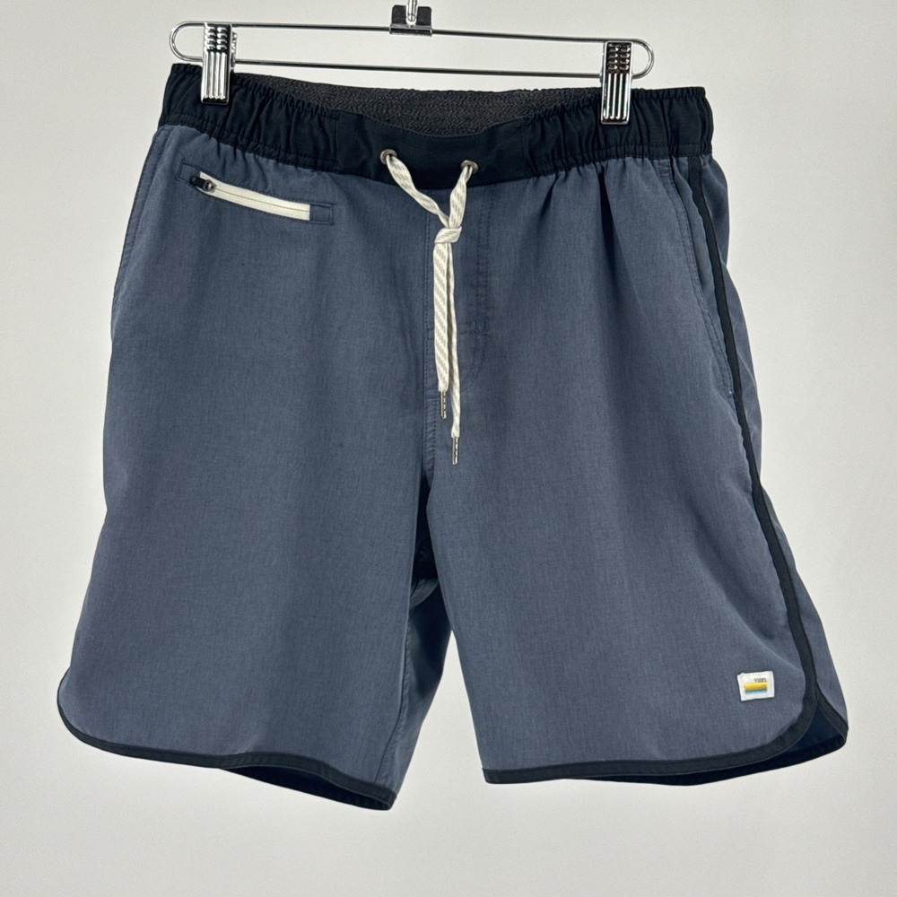 Vuori MENS Atheltic Wear Shorts Size Small Dark Blue Thigh Stripe Zipper Pockets